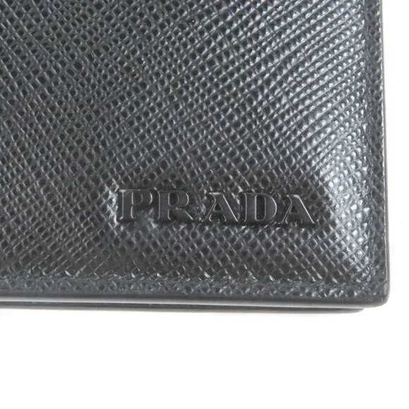 Prada 2 Mo004 Logo Plate Saffiano Martic Leather Bifold Card Case Billfold Nero - Picture 8 of 9